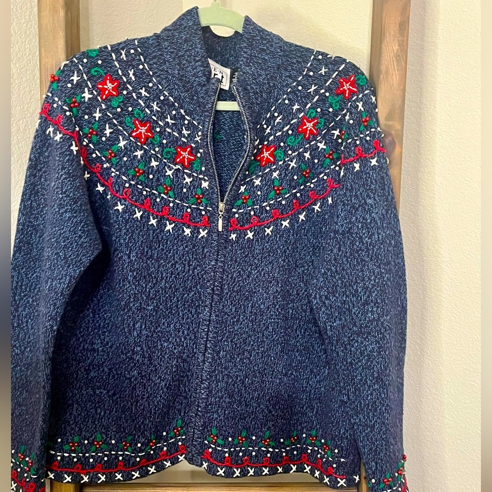 Vintage Knit Embroidered Holiday Cardigan Sweater SzL